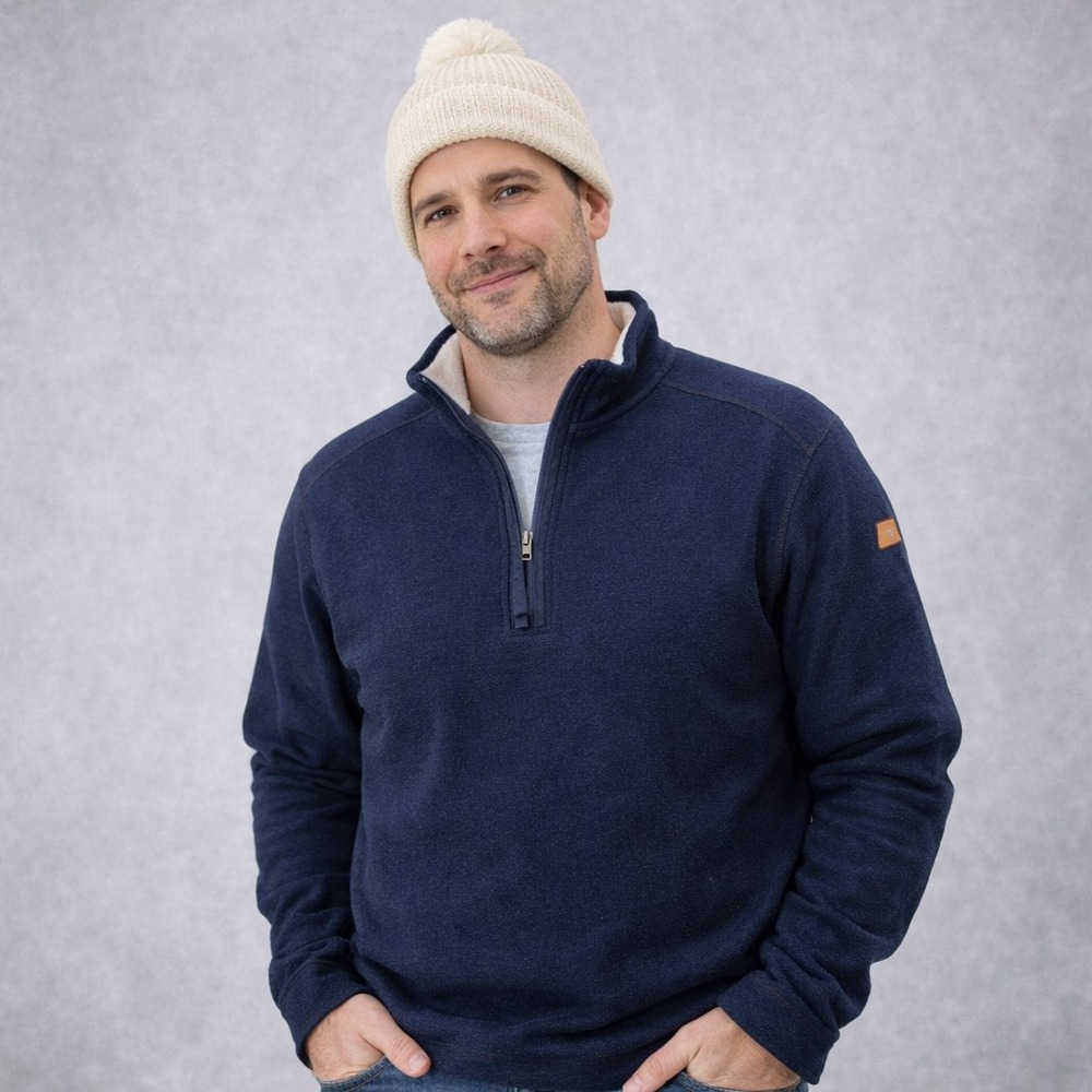 Orvis‎ Men's L Sherpa Lined 1/4 Zip Pullover Sweater Navy Blue Outdoor